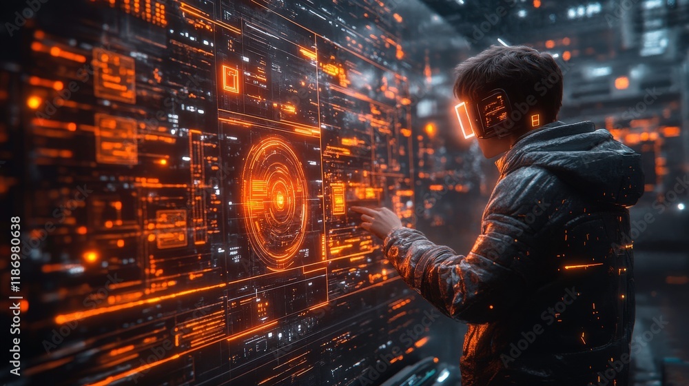 Poster futuristic young boy interacting with a glowing digital interface in a virtual environment, surround