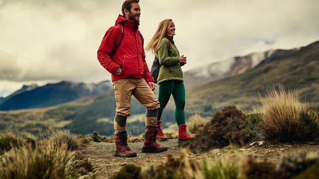 couple enjoying a hike in the mountains, smiling and looking out at the scenic landscape