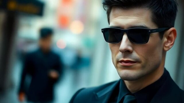 Secret agent wearing dark sunglasses and a black suit