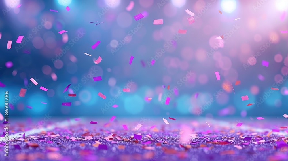 Poster colorful confetti falling on a sparkling surface with blurred lights in the background creating a fe
