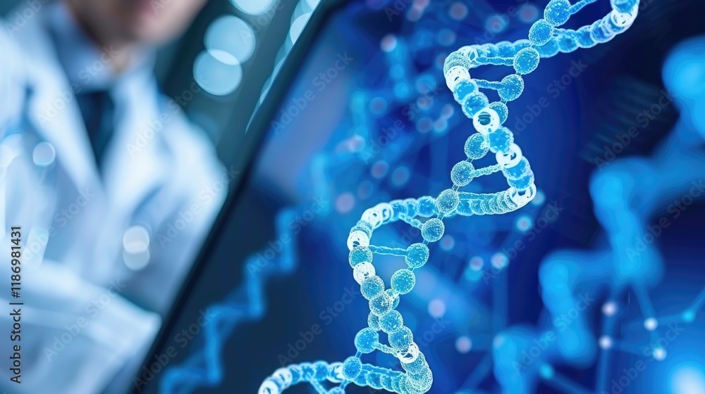 Poster scientist analyzing dna structure through a digital interface in a laboratory setting with a futuris