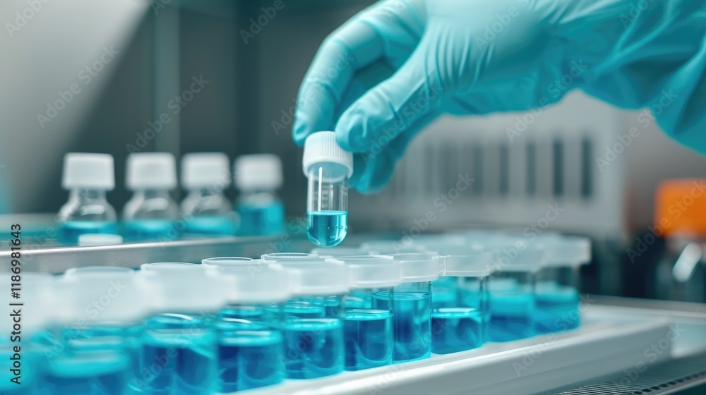 Poster laboratory scientist handling vial with blue solution in experimental research setting