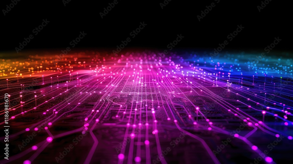 Poster colorful digital landscape with abstract lines and points of light representing technology and data 