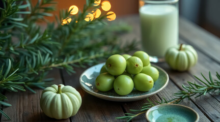 pale green fruits gourds on rustic table