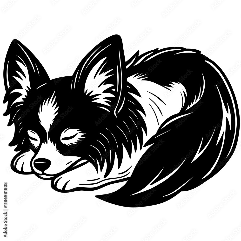 Wall mural papillon dog black silhouette vector, dog sleeping vector, Simple silhouette Design vector icon with white background.