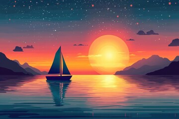 Sailboat at Sunset with Starry Sky and Mountains