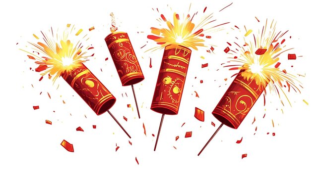 Festive firecrackers in red and gold hues, artistically designed in a cartoon style with a flat illustration, set against a clean white background, showcasing intricate details and vivid colors
