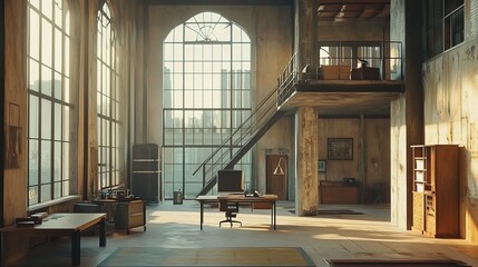 Contemporary Loft Office with High Ceilings and Open Layout