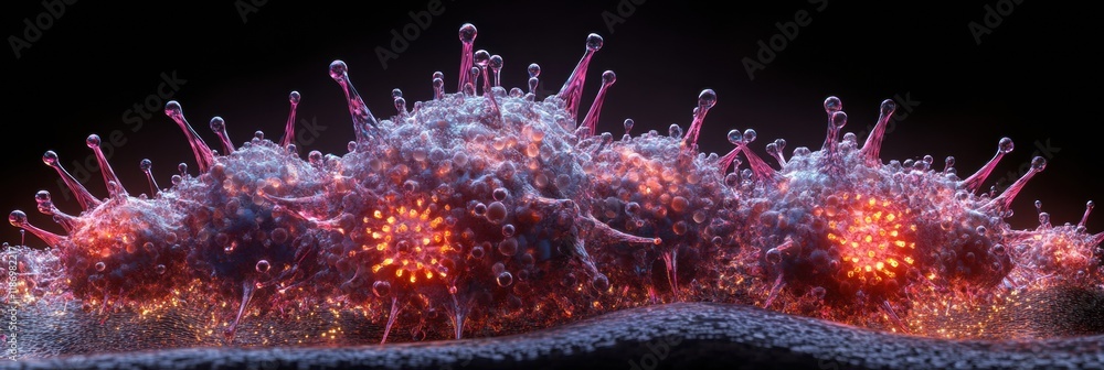 Poster exploring detailed 3d visualization of virus structure showcasing capsid spikes and glowing rna stra