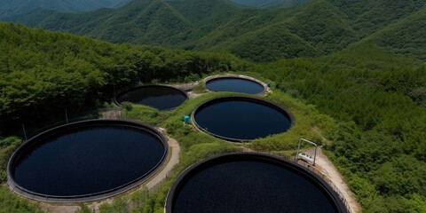 An overhead view of four circular water treatment tanks nestled among lush greenery, highlighting the importance of water management and conservation practices.
