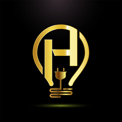 English alphabet H with an electric bulb and plug. Electricity logo design template gold color style