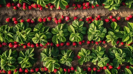 Naklejka premium Aerial view of vibrant strawberry plants with lush green leaves and ripe red fruit ready for harvest.