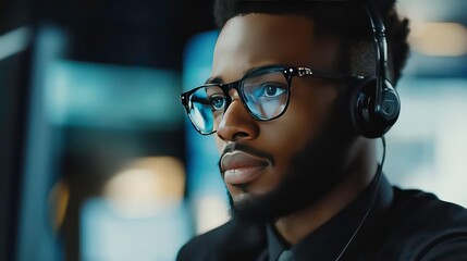 Focused young Black man wearing glasses and headphones, working at computer.