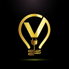 English alphabet V with an electric bulb and plug. Electricity logo design template gold color style