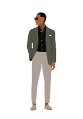 Black business man character standing. Handsome african american businessman in formal suit, smart casual office outfit. Vector realistic illustration isolated on transparent background