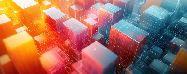 A vibrant abstract representation of colorful 3D cubes, creating a dynamic cityscape effect with glowing lights.