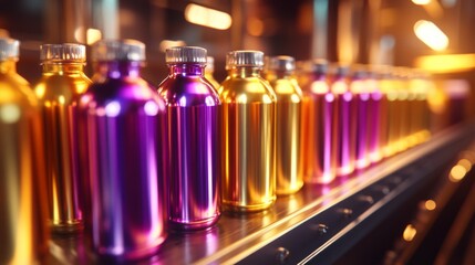 Metallic Bottles On Conveyor Belt In Factory Setting