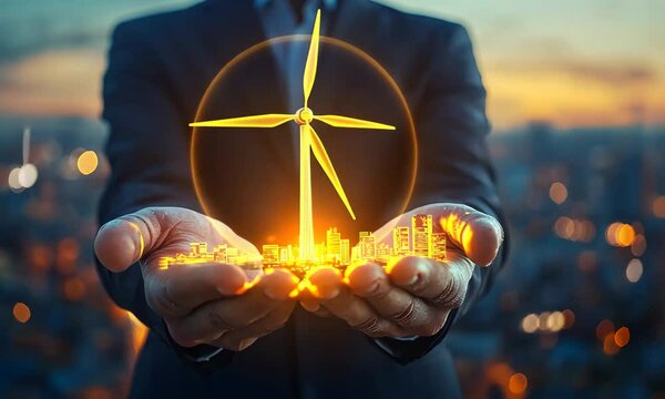 Futuristic City with Wind Turbine in Businessman Hands - Green Energy and Sustainable Development - Eco-Friendly Innovation