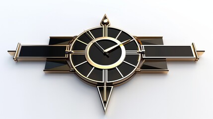 A realistic image of a sleek Art Deco clock design with angular elements, resting on a white background.