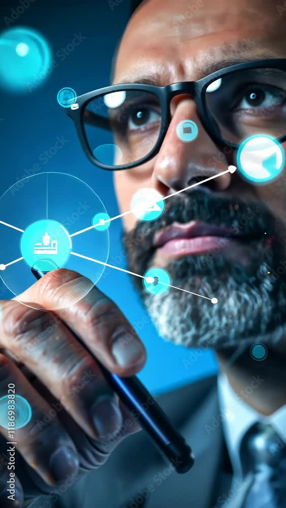 Poster professional man analyzing data patterns in a modern, technology-focused environment