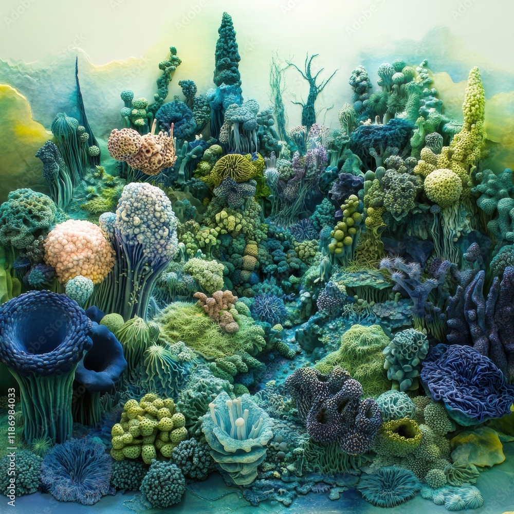 Aufkleber exploration of vibrant underwater ecosystem with intricate bacteria structures and textures in a ser