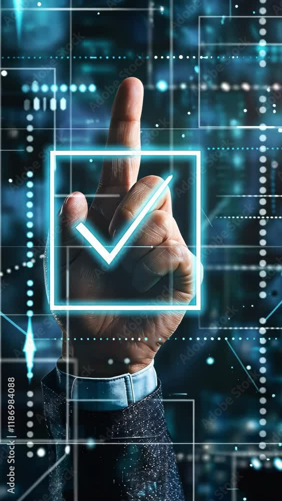 Poster hand signals confirmation amid digital interface displaying technology and data analytics