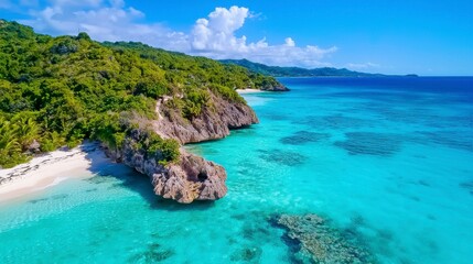 Fototapeta premium Tropical Paradise Aerial View of Crystal Clear Blue Water and Shoreline