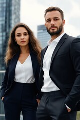 A man and a woman are standing next to each other in business attire. The man is wearing a white shirt and the woman is wearing a black suit. They both have their hands in their pockets