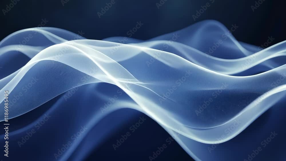 Poster visual representation of flowing blue waves with luminous effects and soft ethereal textures in a de