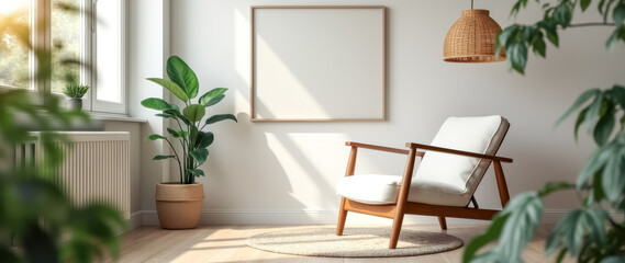 sunlit room with mid-century modern chair plants