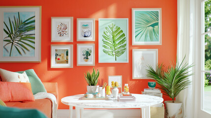 Vibrant orange room, tropical decor, gallery wall, and comfy sofa.