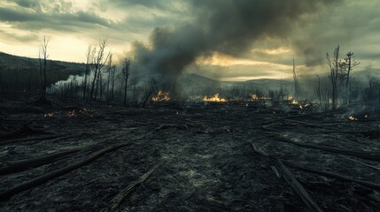 Ravaged Landscape After Devastating Wildfire with Smoke and Ashes Under a Dramatic Sky at Dusk