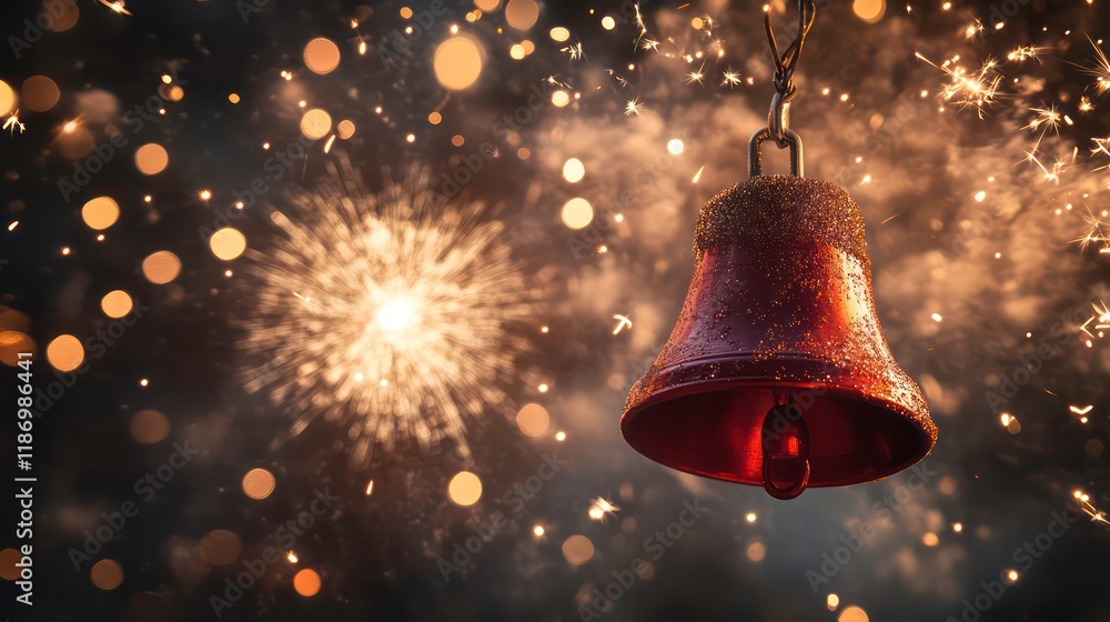 Poster red christmas bell ringing with fireworks exploding in background