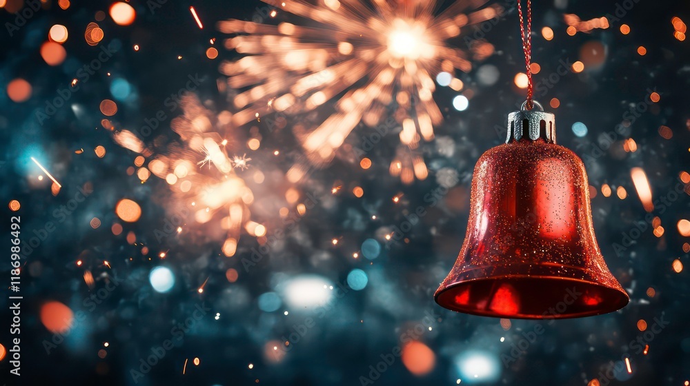 Poster red christmas bell ringing with fireworks exploding in background