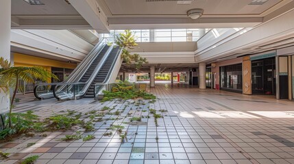 An abandoned shopping mall with overgrown plants and empty storefronts, highlighting urban decay.