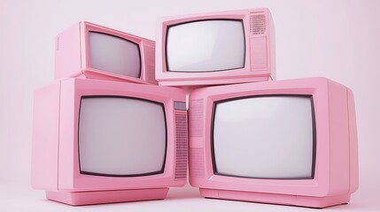 Four-unit stack of pink televisions from the 90s mock up white screens white background 8k real photo