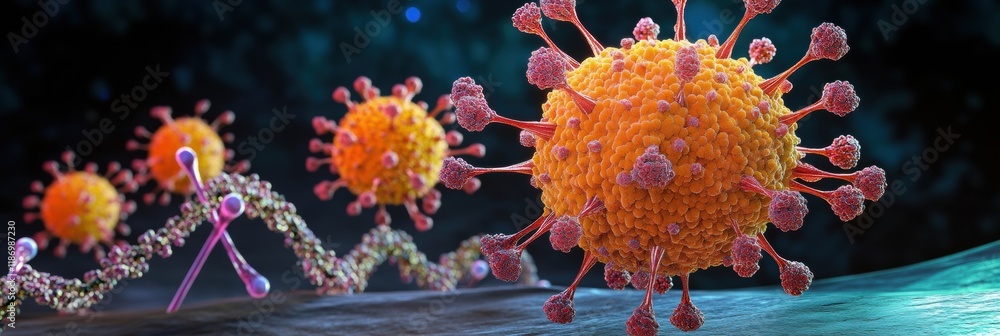 Poster detailed 3d visualization displaying virus structure with glowing molecular features and rna strands