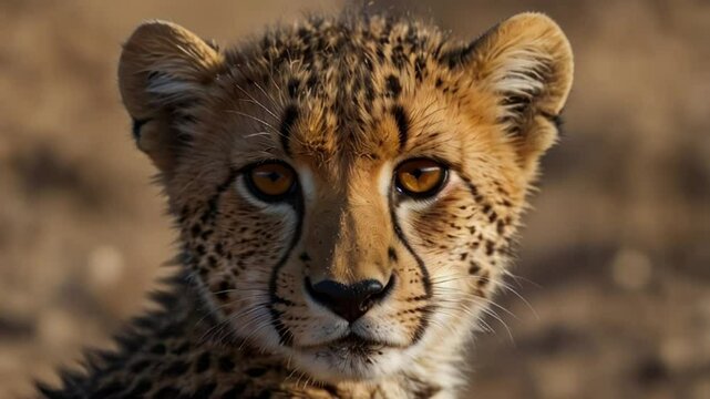 close up shows the face of a cheetah cub, looking directly at the camera. Its fur has a spotted pattern and the background is blurred.