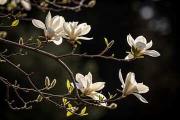 Obraz premium A delicate branch of white magnolia blossoms stands out against a dark background, showcasing its soft petals, intricate details, and serene elegance in striking contrast.