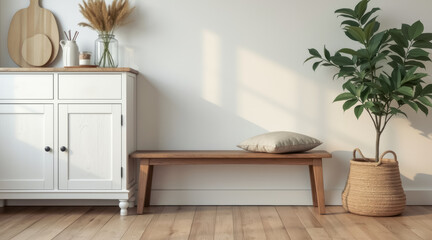 Fototapeta premium white cabinet wooden bench potted plant a sunlit room