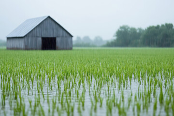 Obraz premium flooded farm field with barn in background under cloudy sky