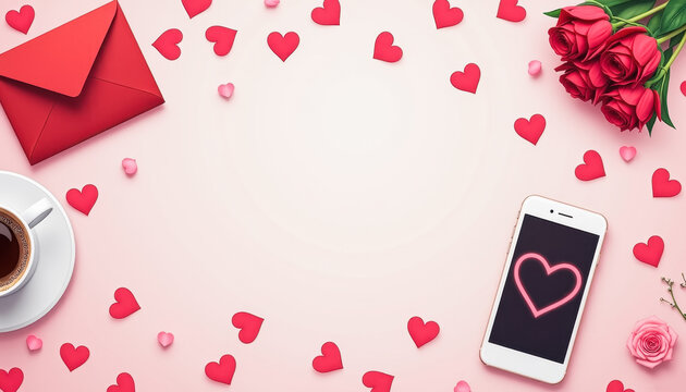 Valentine's day love theme with red hearts, roses, and smartphone