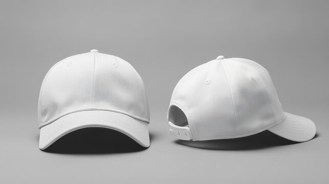 Two white baseball caps, front and back views, on a gray background.