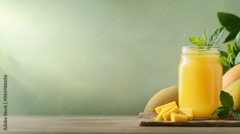 Poster refreshing mango smoothie served in a jar with fresh mint leaves, accompanied by sliced mango on a w