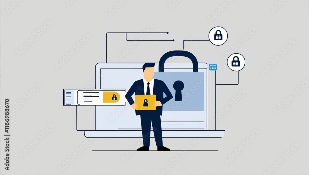 Poster a professional illustration of a man holding a secure file, standing in front of a large padlock and