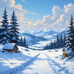 Winter Landscape with Snow and Cabins