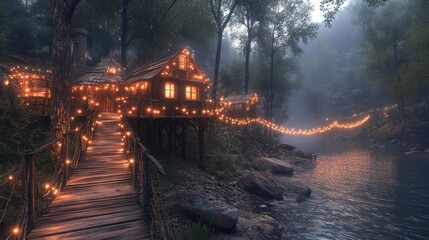 Fototapeta premium Enchanting treehouse village at dusk.