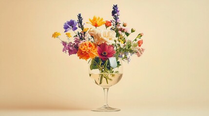 Vibrant Spring Flower Arrangement in Wine Glass on Soft Background