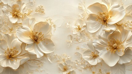 Luxury gold, cream flowers create 3D mural wallpaper design. Beautiful floral pattern. High-quality AI generated image ideal for home decor. Elegant, sophisticated wall decor. Luxury wallpaper