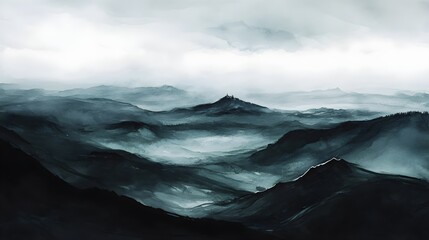 Serene Watercolor Landscape in Tranquil Shades of Green and Gray